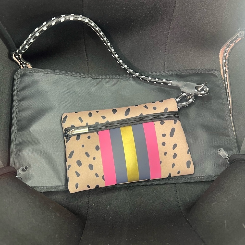 Large Neoprene Tote Bag and Wristlet Spring Fawn Blush Dots Pink Navy Stripes - Picture 8 of 15